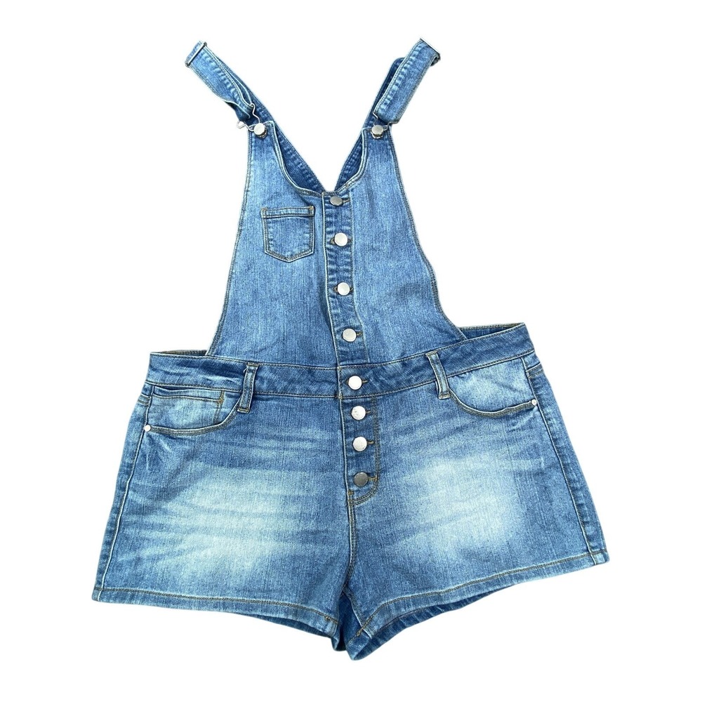 Womens Denim Overall Romper Shortalls Womens Large Blue Whiskers Straps Pockets‎